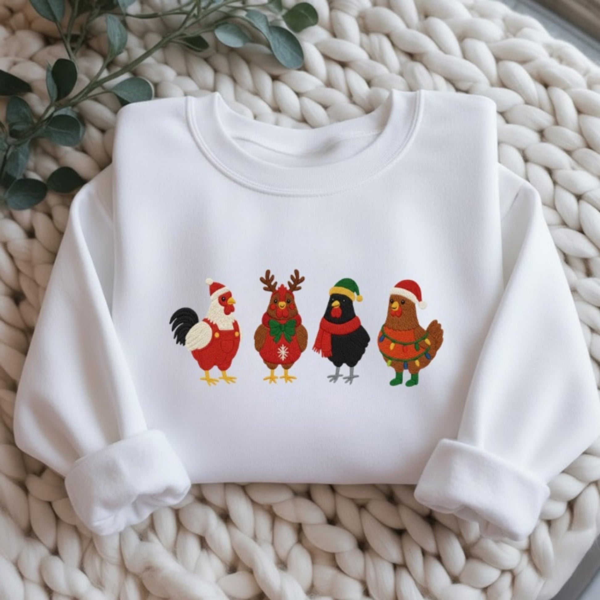 Christmas Chickens Embroidered Sweatshirt, Funny Chicken Christmas Shirt, Holiday Farm Sweatshirt, Farm Lover Xmas Gift