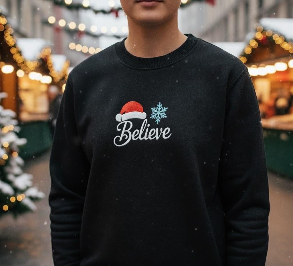 Believe Christmas Embroidered Sweatshirt, Santa Holiday Crewneck, Festive Embroidery Shirt, Cozy Winter Gift Sweater