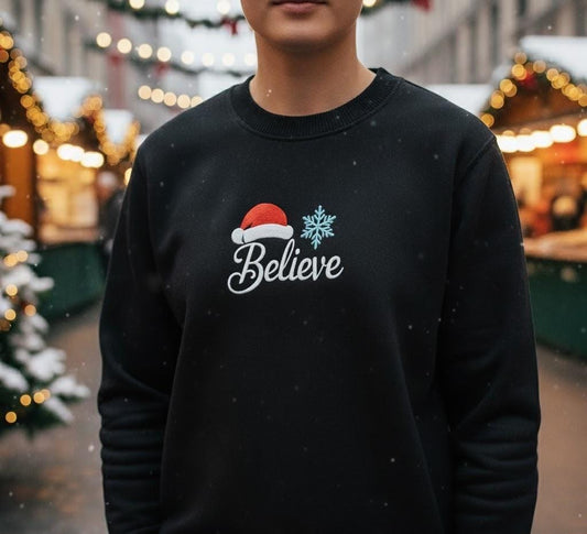 Believe Christmas Embroidered Sweatshirt, Santa Holiday Crewneck, Festive Embroidery Shirt, Cozy Winter Gift Sweater