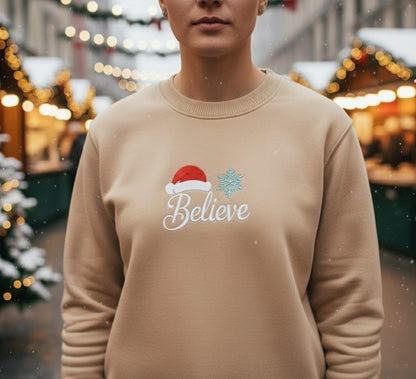 Believe Christmas Embroidered Sweatshirt, Santa Holiday Crewneck, Festive Embroidery Shirt, Cozy Winter Gift Sweater