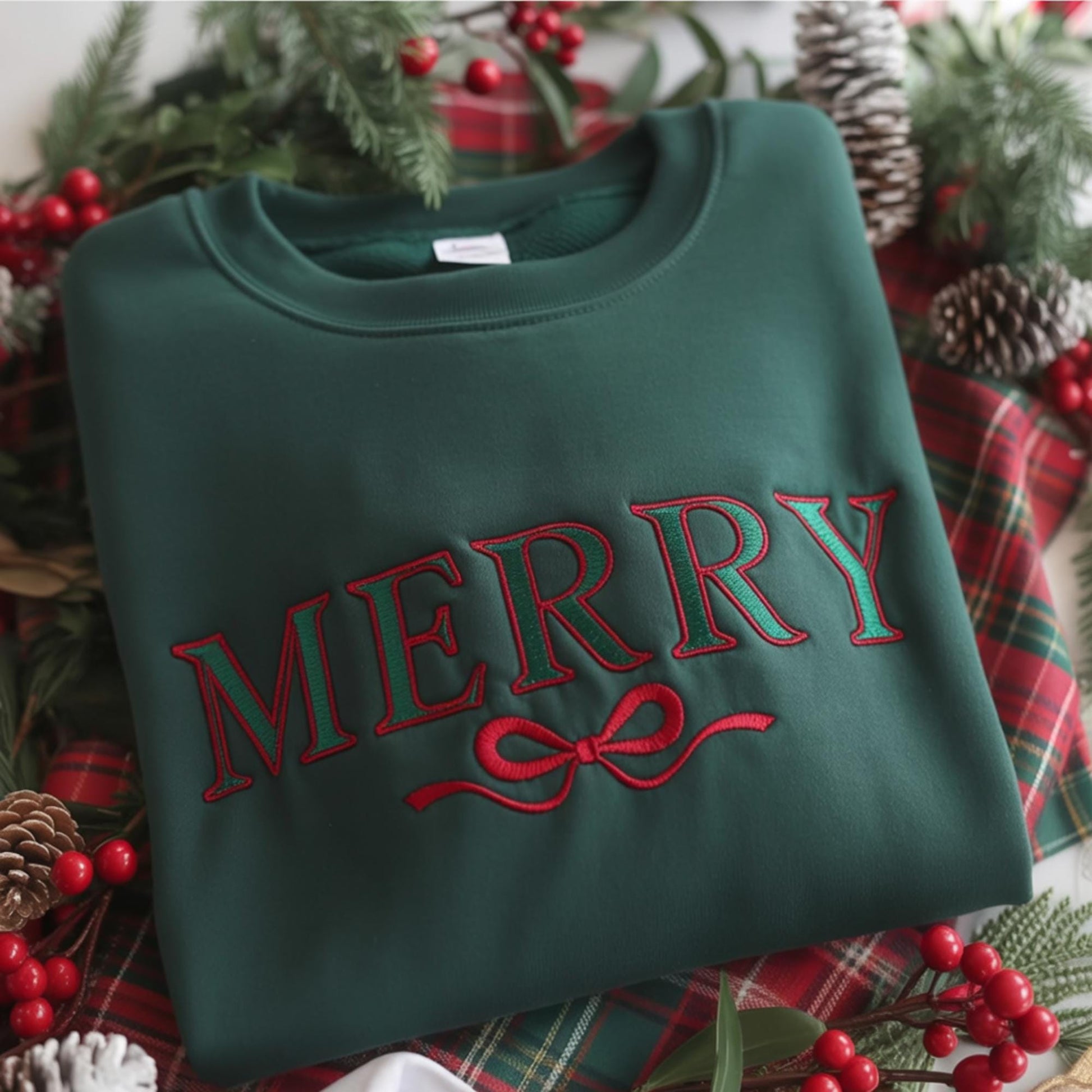 MERRY Christmas Sweatshirt, Embroidered Holiday Crewneck, Green Red Sweater, Festive Bow Tie Xmas Shirt, Simple Merry Gift