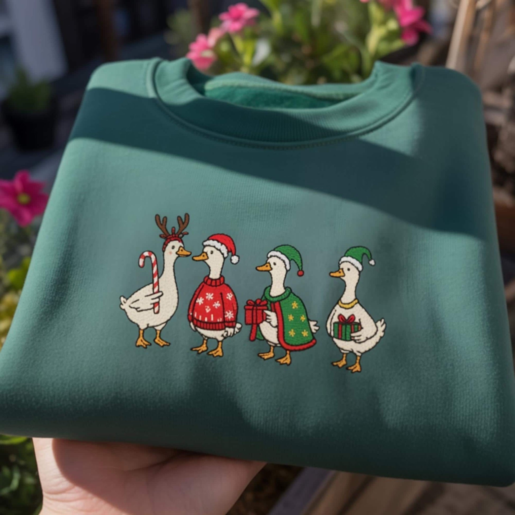 Embroidered Silly Goose Christmas Sweatshirt, Funny Jolly Goose Holiday Crewneck, Santa Goose Lights Sweater, Cute Xmas Gift for Her