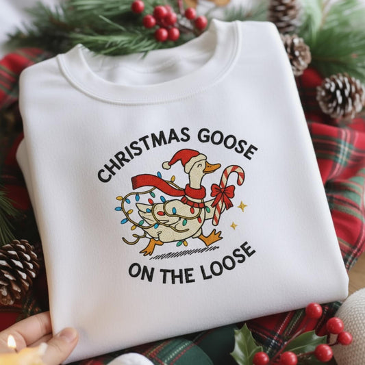 Christmas Goose On The Loose Christmas Embroidered Sweatshirt, Embroidered Holiday Bird Gift, Funny Xmas Lights Animal Hoodie, Silly Goose