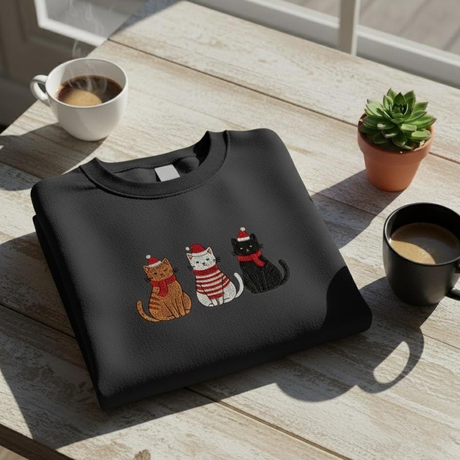 Embroidered Cat Christmas Sweatshirt, Tis The Season Embroidery Sweater, Merry And Bright Holiday Crewneck, Funny Winter Cat Hoodie