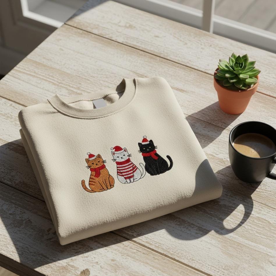 Embroidered Cat Christmas Sweatshirt, Tis The Season Embroidery Sweater, Merry And Bright Holiday Crewneck, Funny Winter Cat Hoodie