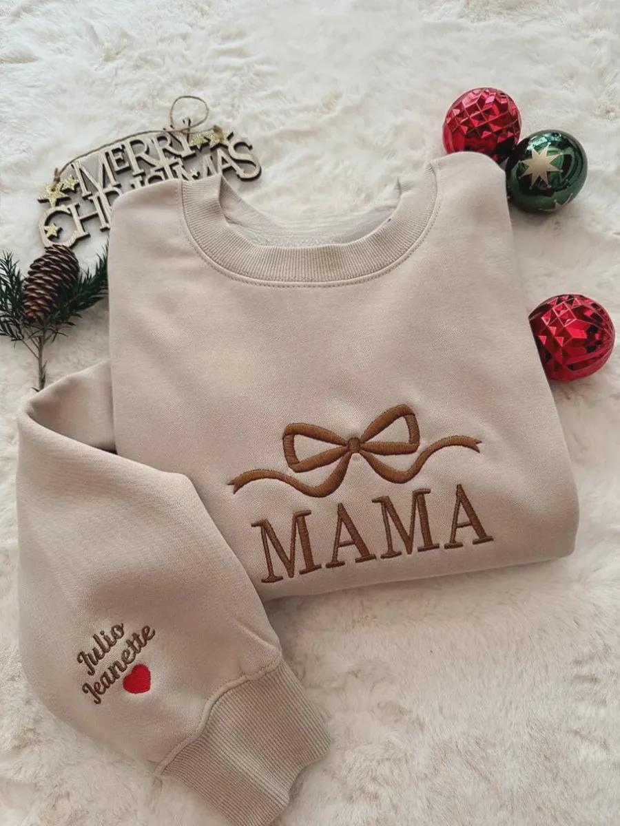 Personalized Mama Grandma Christmas Sweatshirt, Custom Kids Names Sleeve Embroidery, Holiday Bow Crewneck, Gift for Mom