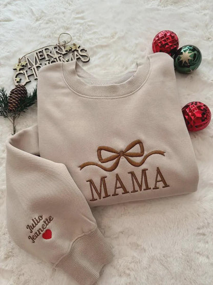 Personalized Mama Grandma Christmas Sweatshirt, Custom Kids Names Sleeve Embroidery, Holiday Bow Crewneck, Gift for Mom