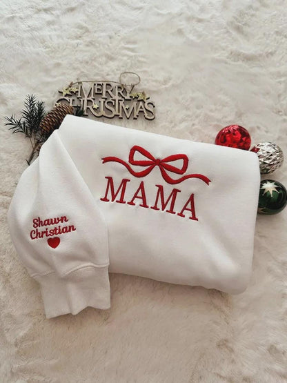 Personalized Mama Grandma Christmas Sweatshirt, Custom Kids Names Sleeve Embroidery, Holiday Bow Crewneck, Gift for Mom