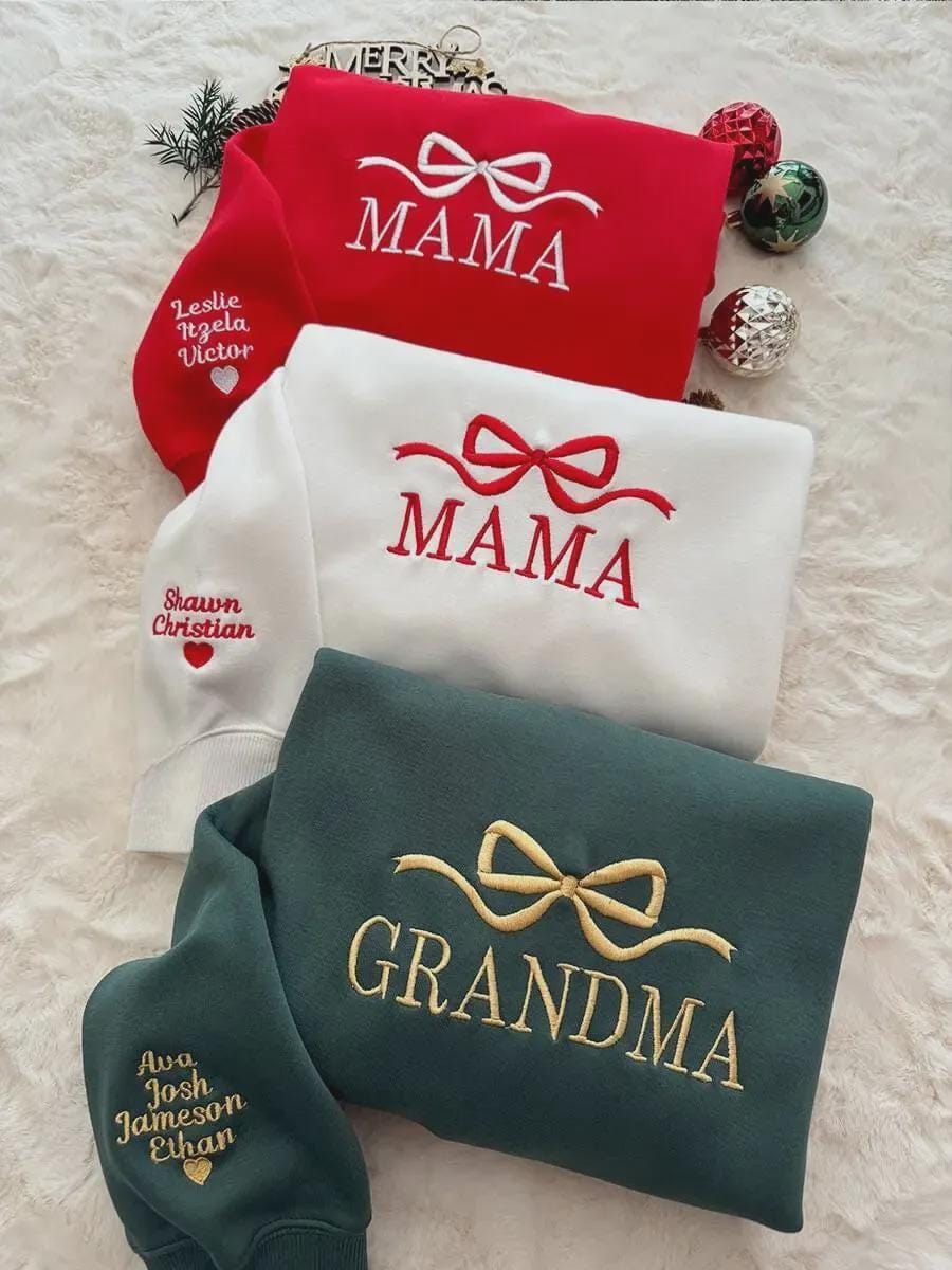 Personalized Mama Grandma Christmas Sweatshirt, Custom Kids Names Sleeve Embroidery, Holiday Bow Crewneck, Gift for Mom