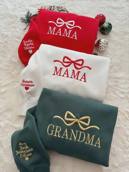 Personalized Mama Grandma Christmas Sweatshirt, Custom Kids Names Sleeve Embroidery, Holiday Bow Crewneck, Gift for Mom