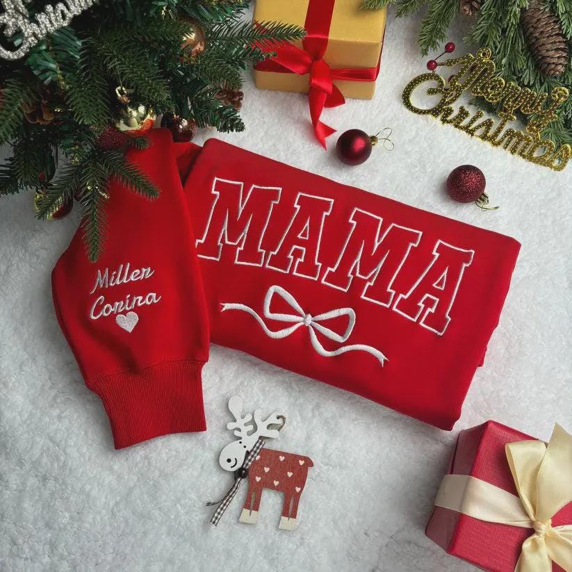 Custom Name Mama Bow Sweatshirt, Personalized Kids Name Sleeve Embroidery, Christmas Gift for Mom, Mommy Crewneck Top