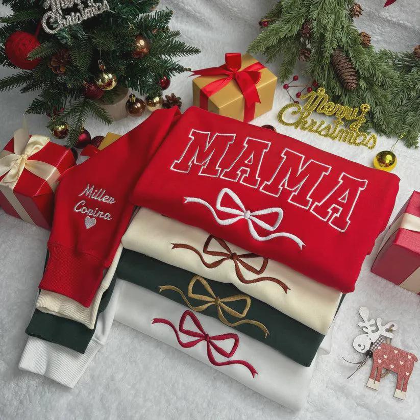 Custom Name Mama Bow Sweatshirt, Personalized Kids Name Sleeve Embroidery, Christmas Gift for Mom, Mommy Crewneck Top