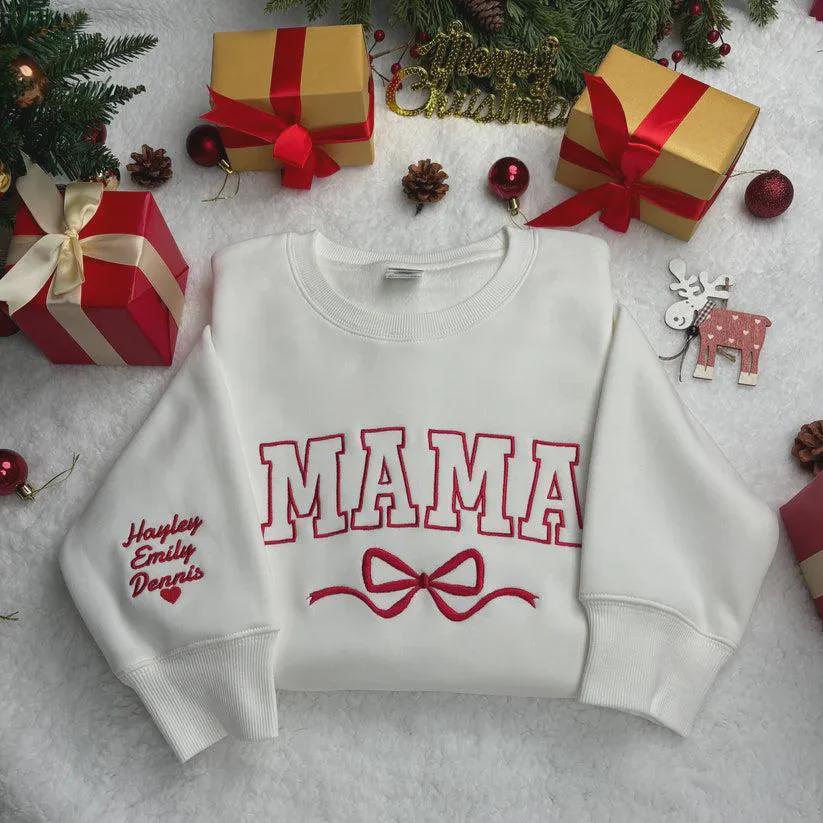 Custom Name Mama Bow Sweatshirt, Personalized Kids Name Sleeve Embroidery, Christmas Gift for Mom, Mommy Crewneck Top