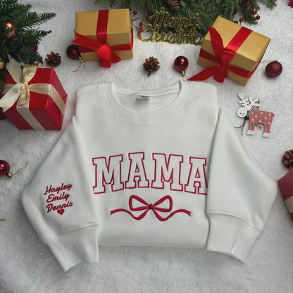 Custom Name Mama Bow Sweatshirt, Personalized Kids Name Sleeve Embroidery, Christmas Gift for Mom, Mommy Crewneck Top