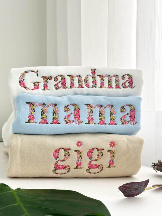 Embroidered Floral Mama Gigi Grandma Sweatshirt, Custom Flower Name Crewneck, Personalized Mother's Day Gift for Her