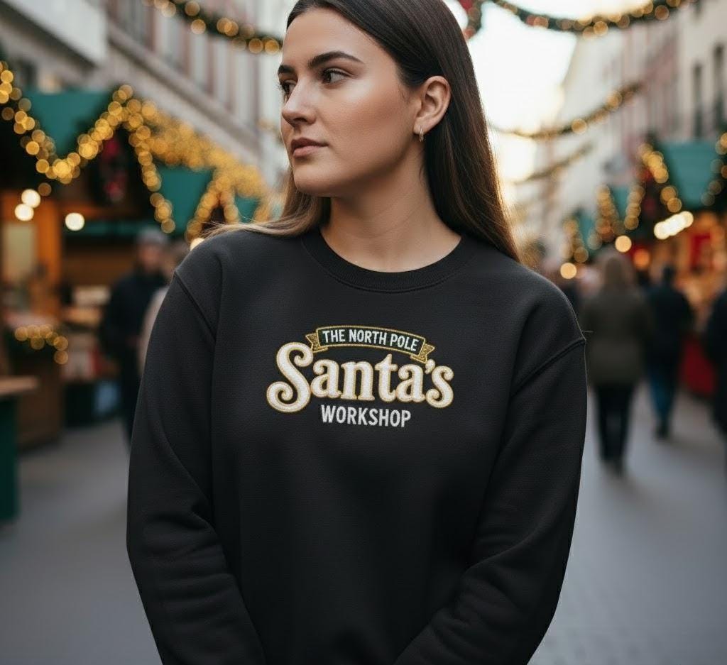 Santa’s Workshop Embroidered Sweatshirt | North Pole Christmas Jumper | Santa’s Crew Holiday Sweater | Festive Embroidery Pullover