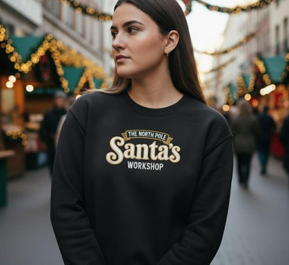 Santa’s Workshop Embroidered Sweatshirt | North Pole Christmas Jumper | Santa’s Crew Holiday Sweater | Festive Embroidery Pullover