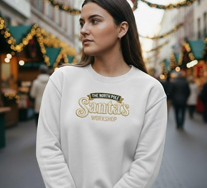 Santa’s Workshop Embroidered Sweatshirt | North Pole Christmas Jumper | Santa’s Crew Holiday Sweater | Festive Embroidery Pullover