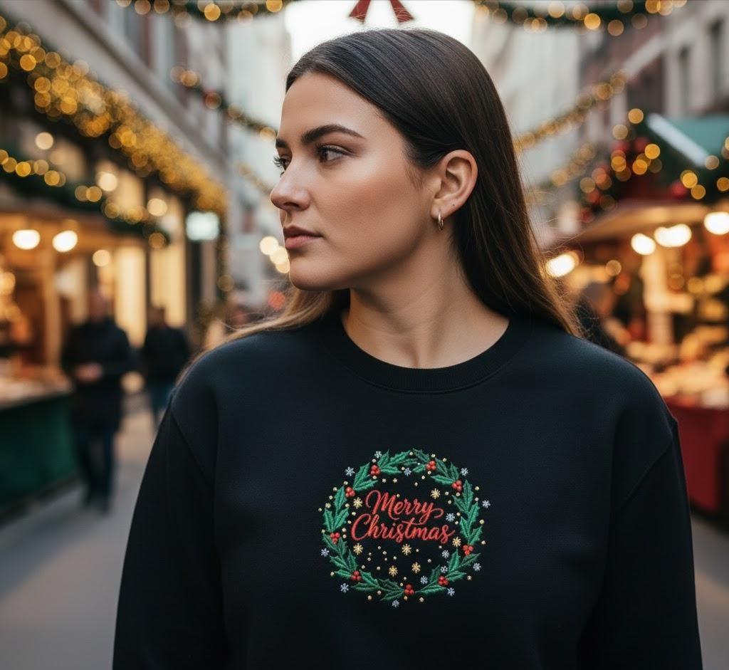 Merry Christmas Embroidered Sweatshirt | Retro Vintage Holiday Crewneck | Festive Christmas Jumper | Cozy Xmas Hoodie