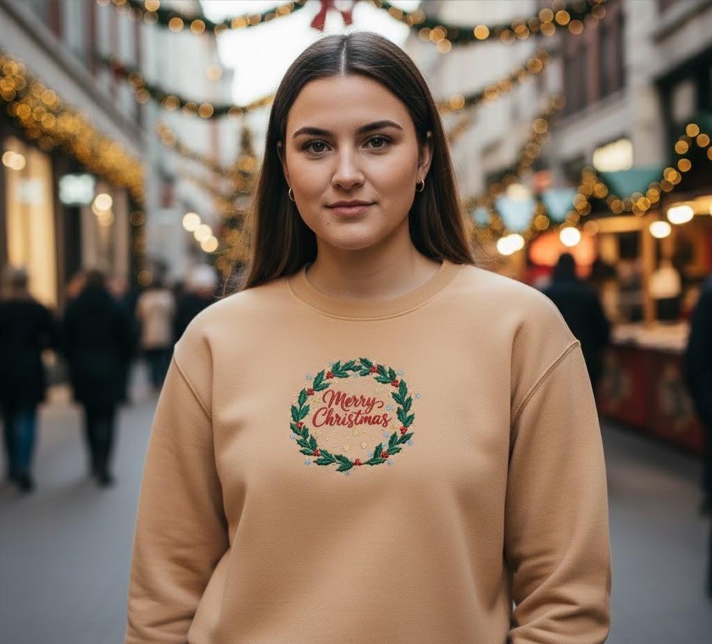 Merry Christmas Embroidered Sweatshirt | Retro Vintage Holiday Crewneck | Festive Christmas Jumper | Cozy Xmas Hoodie