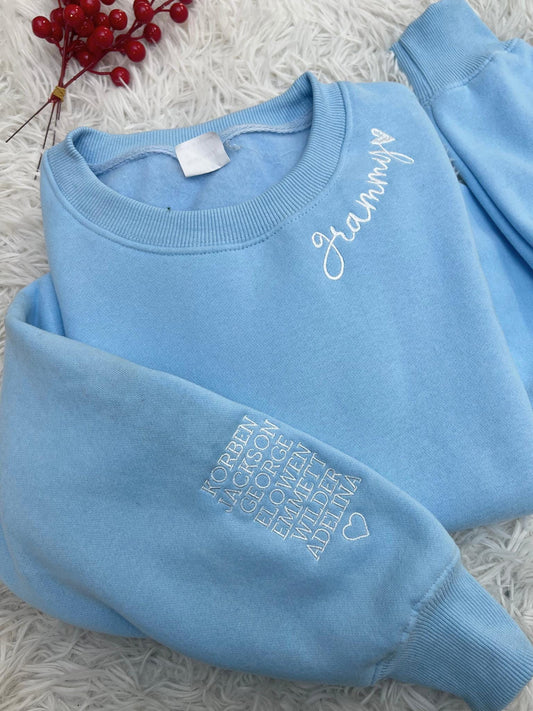 Personalized Granny Mama Sweatshirt with Kids Names on Sleeve, Custom Embroidered Grandchildren Names Crewneck, Gift for Grandma