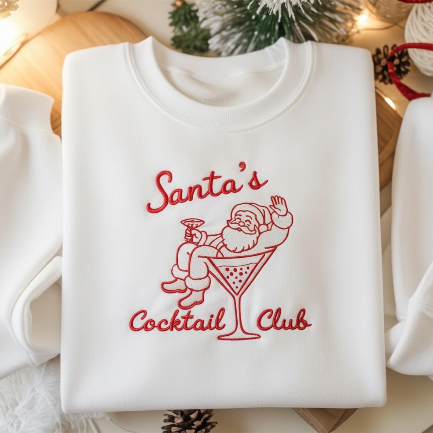 Santa with Martini Embroidered Christmas Shirt, Funny Holiday Cocktail Club Crewneck, Vintage Santa Sweatshirt, Xmas Party Gift
