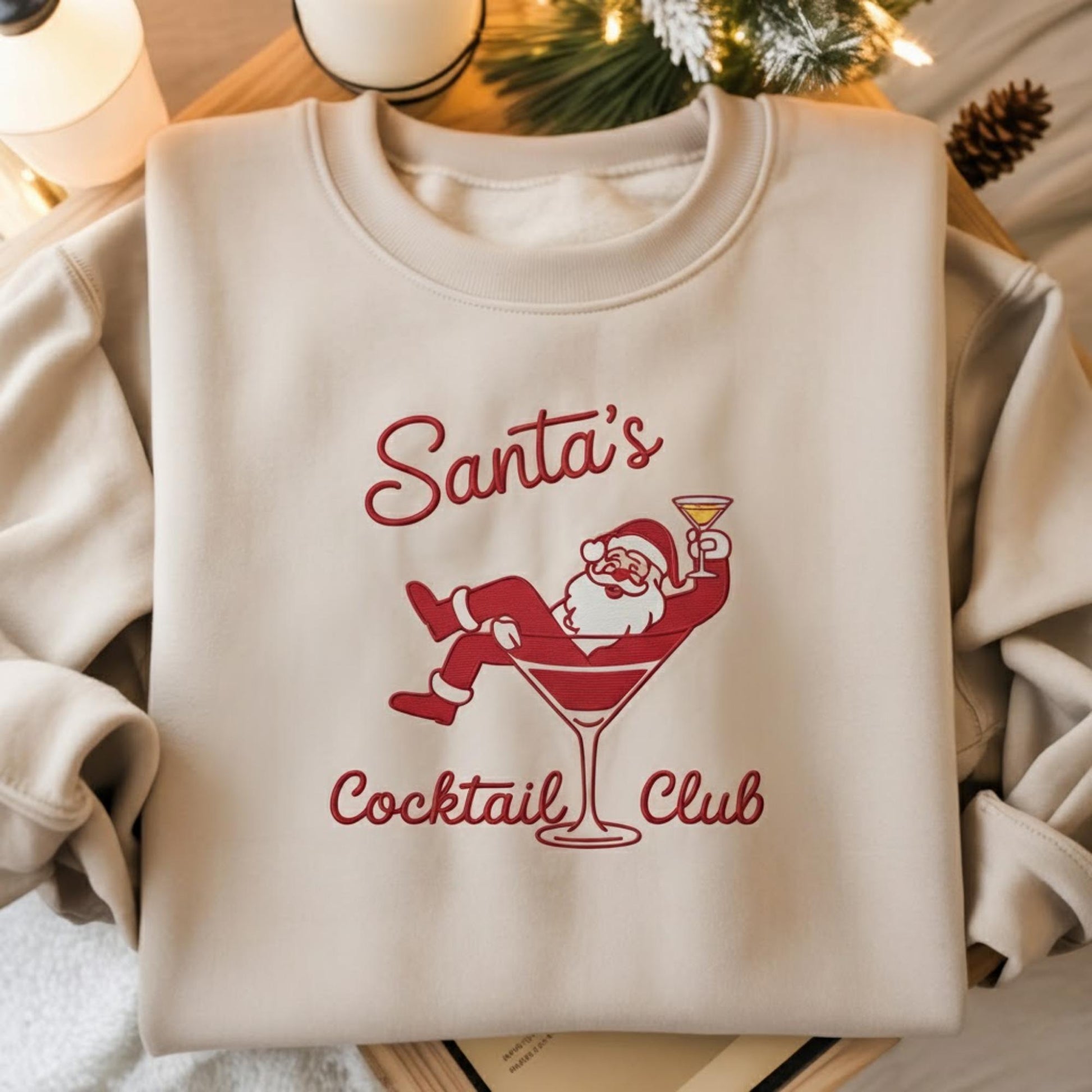 Embroidered Santa Christmas Shirt, Funny Santa with Martini Crewneck, Holiday Cocktail Party Sweatshirt, Vintage Xmas Gift for Her