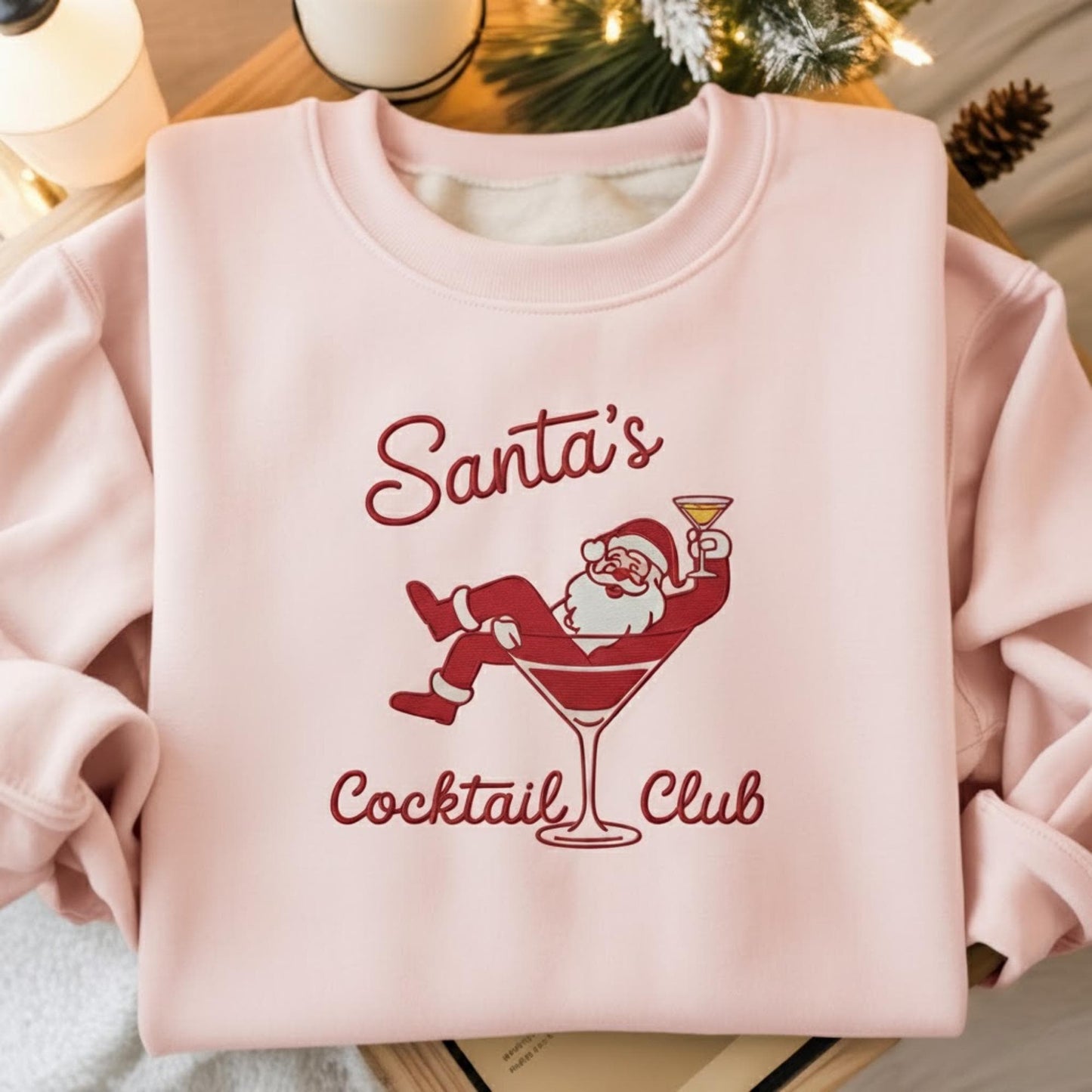 Embroidered Santa Christmas Shirt, Funny Santa with Martini Crewneck, Holiday Cocktail Party Sweatshirt, Vintage Xmas Gift for Her