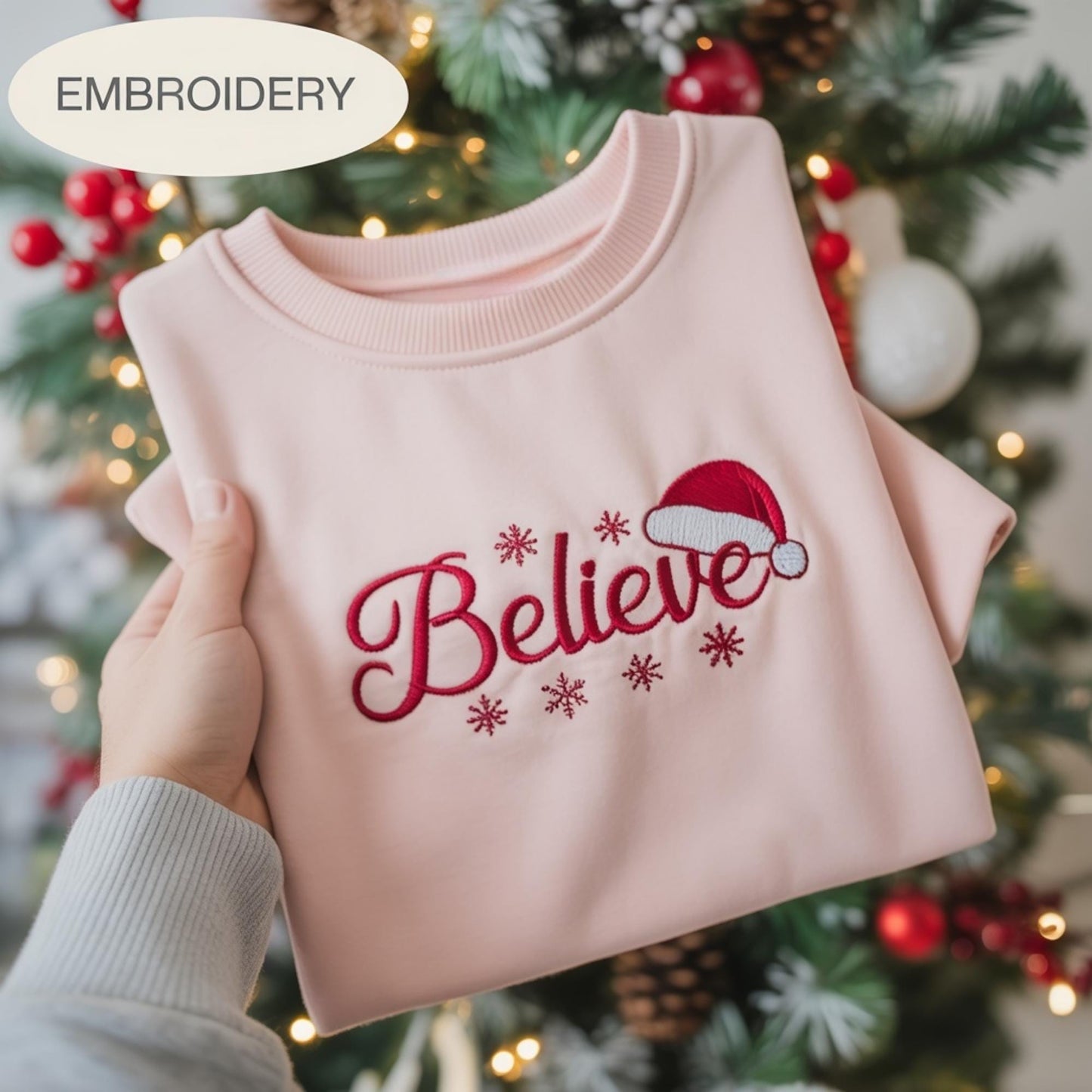 Believe Embroidered Christmas Sweatshirt, Santa Embroidery Crewneck, Tis The Season Holiday Sweater, Xmas Sweatshirt, Gift for Her