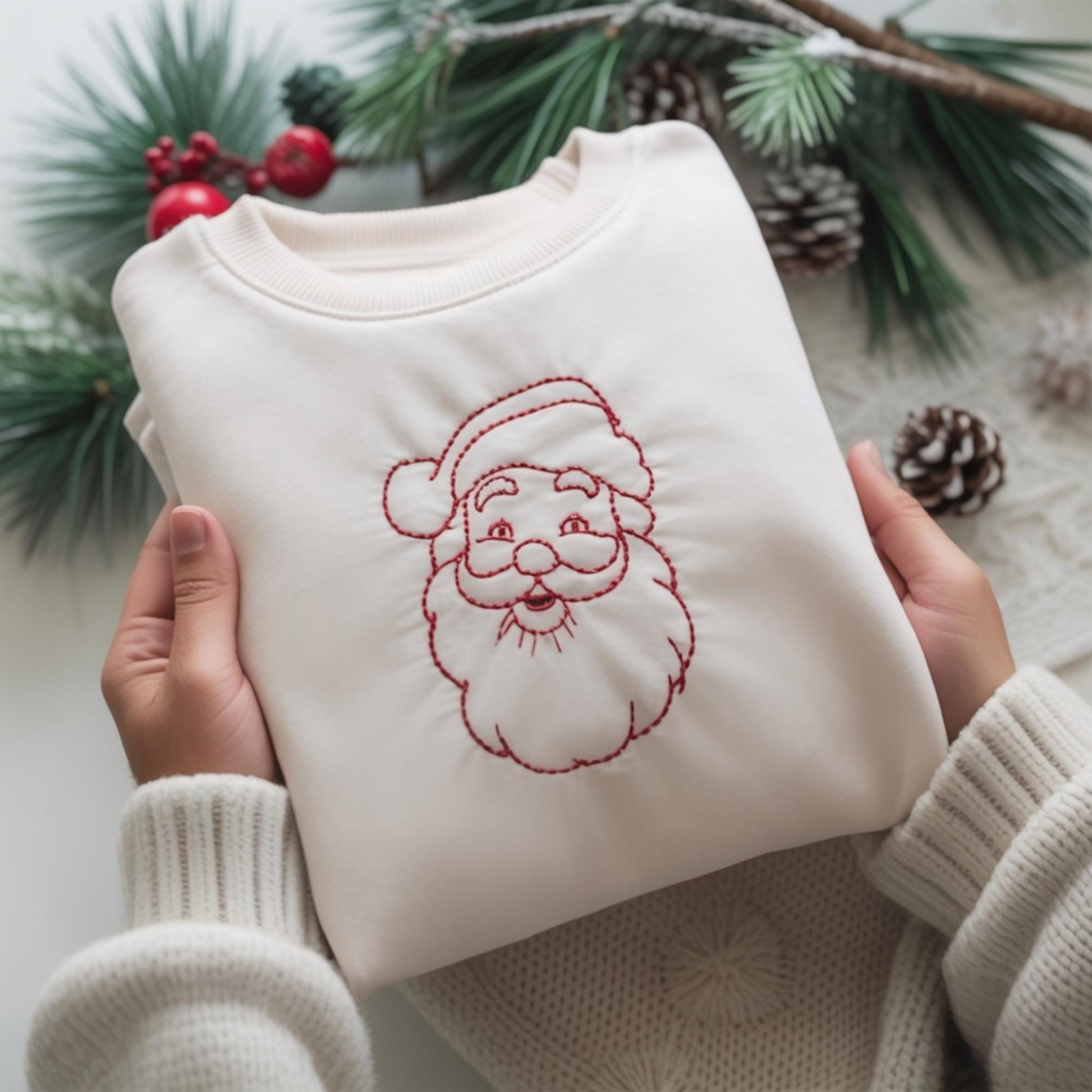 Vintage Santa Outline Embroidered Christmas Shirt, Retro Santa Face Crewneck, Minimal Holiday Tee, Christmas Shir, Gift for Her