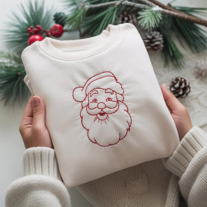 Vintage Santa Outline Embroidered Christmas Shirt, Retro Santa Face Crewneck, Minimal Holiday Tee, Christmas Shir, Gift for Her