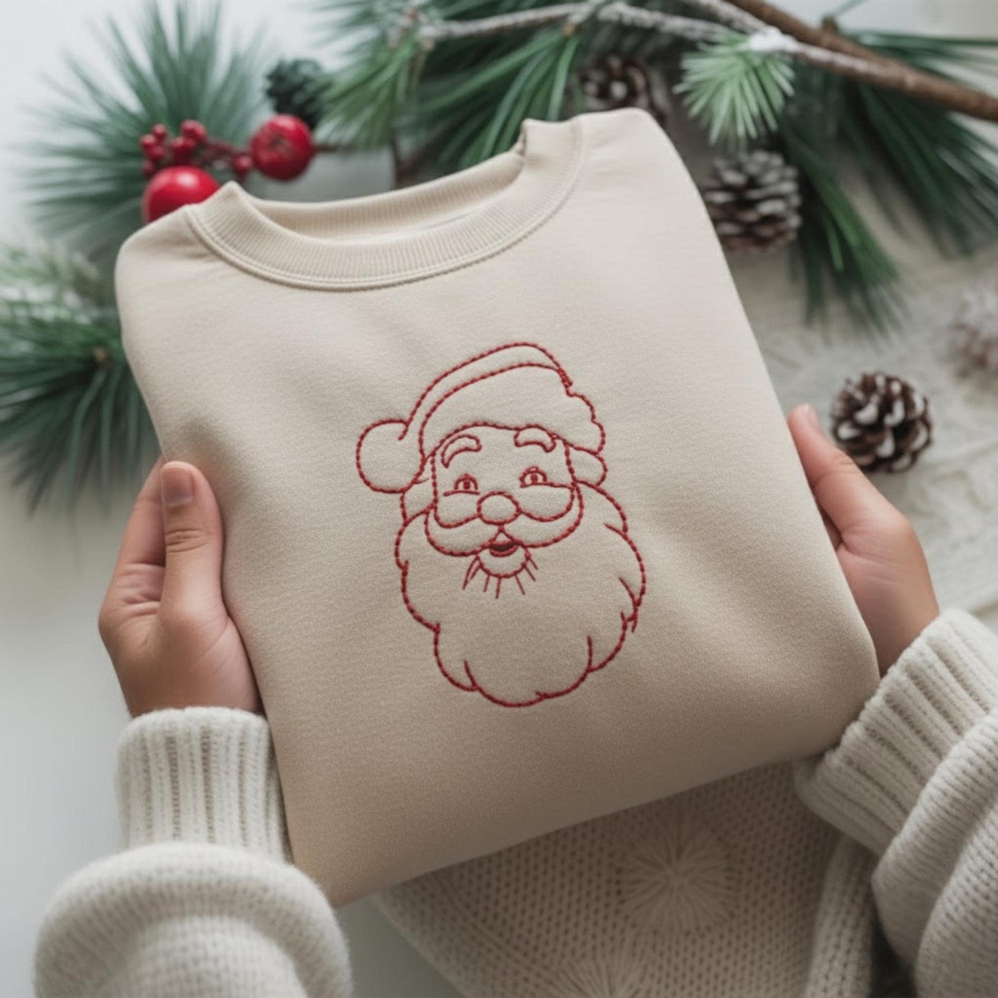 Vintage Santa Outline Embroidered Christmas Shirt, Retro Santa Face Crewneck, Minimal Holiday Tee, Christmas Shir, Gift for Her