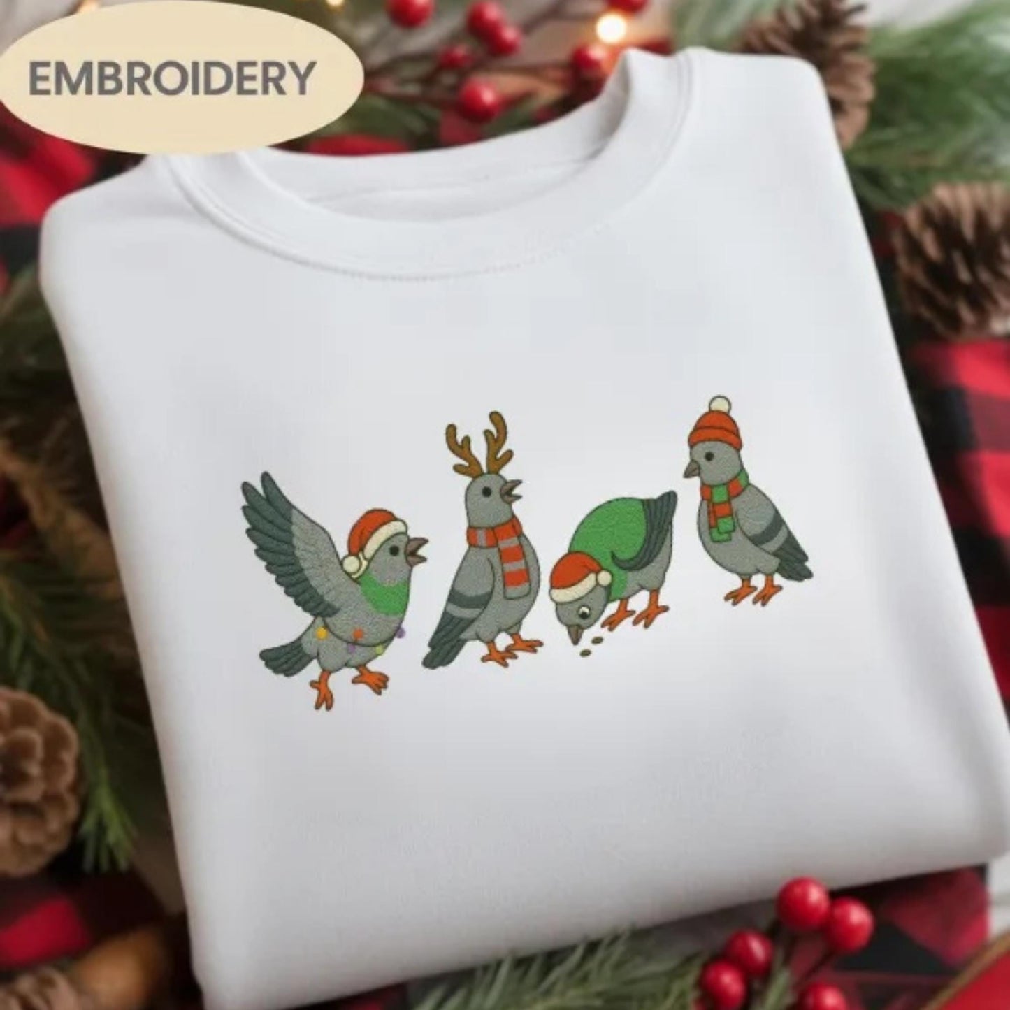 Christmas Pigeon Embroidered Shirt, Funny Bird Holiday Crewneck, Ugly Xmas Sweater Style Top, Cute Animal Lover Winter Gift for Her