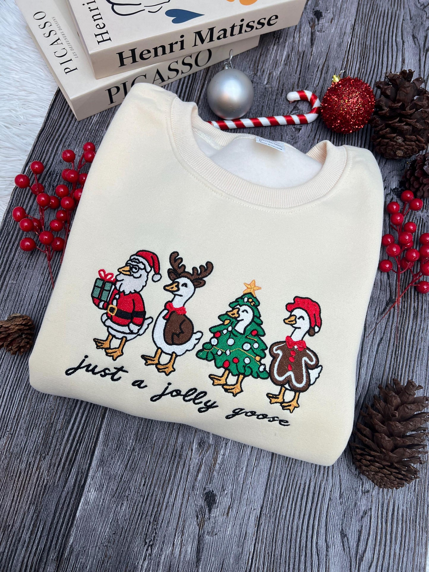 Christmas Goose Embroidered Sweatshirt, Festive Goose in Santa, Reindeer, Tree, Gingerbread Outfits, Funny Holiday Sweatshirt,Christmas Gift