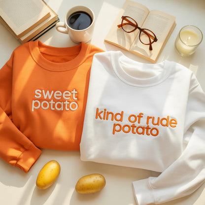 Embroidered Matching Thanksgiving Shirt, Funny Couple Shirt, Sweet Potato, Kind Of Rude Potato, Fall Season Husband Wife Gift, Humor Tee