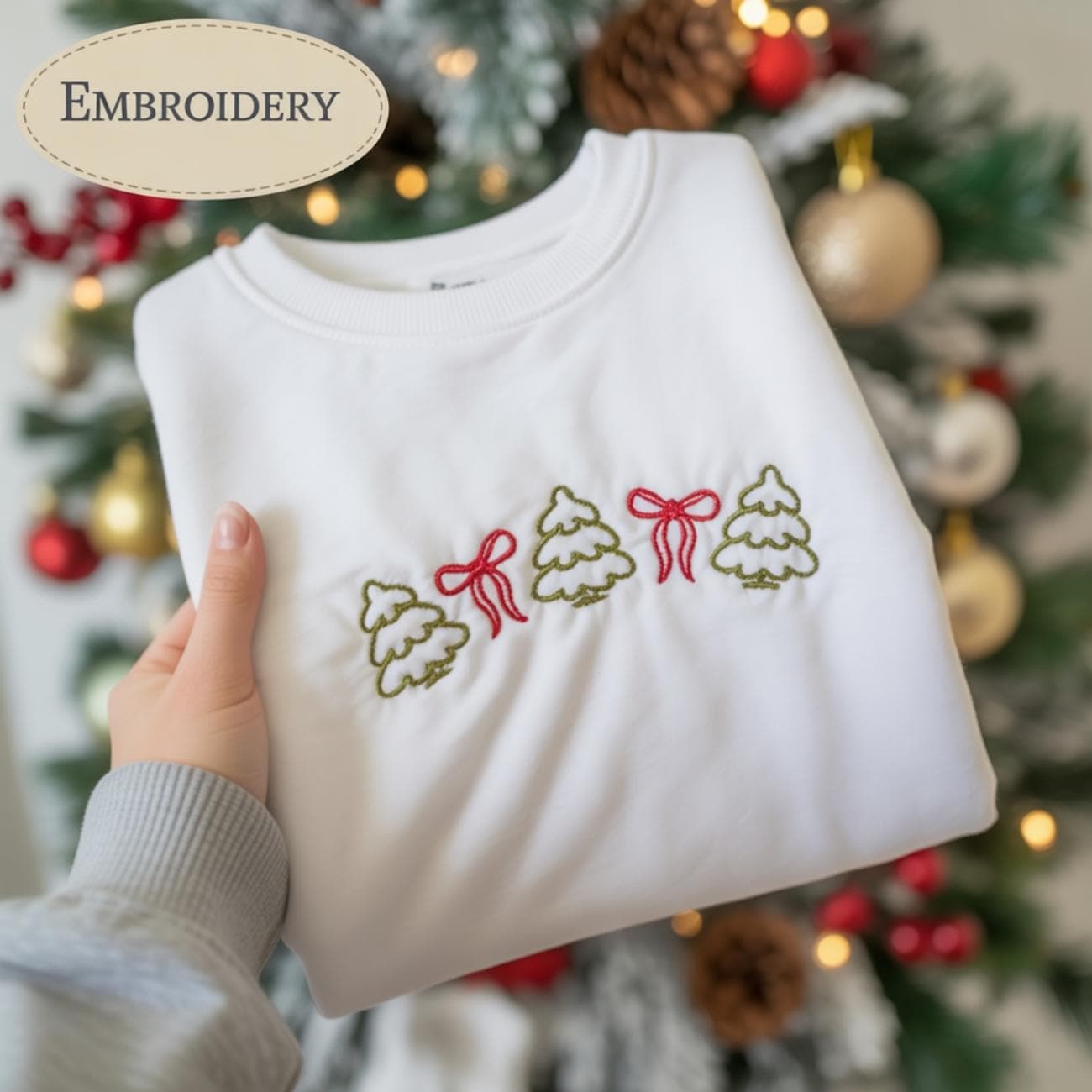 Christmas Tree and Bows Embroidered Sweatshirt, Cozy Winter Gift Sweater, Christmas Shirt, Merry & Bright Shirt, Gift For Christmas