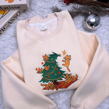 Orange Cat Embroidered Christmas Sweatshirt, Funny Embroidery Cat Shirt, Cute Orange Cat Lover Hoodie, Meowy Christmas Sweater Gift