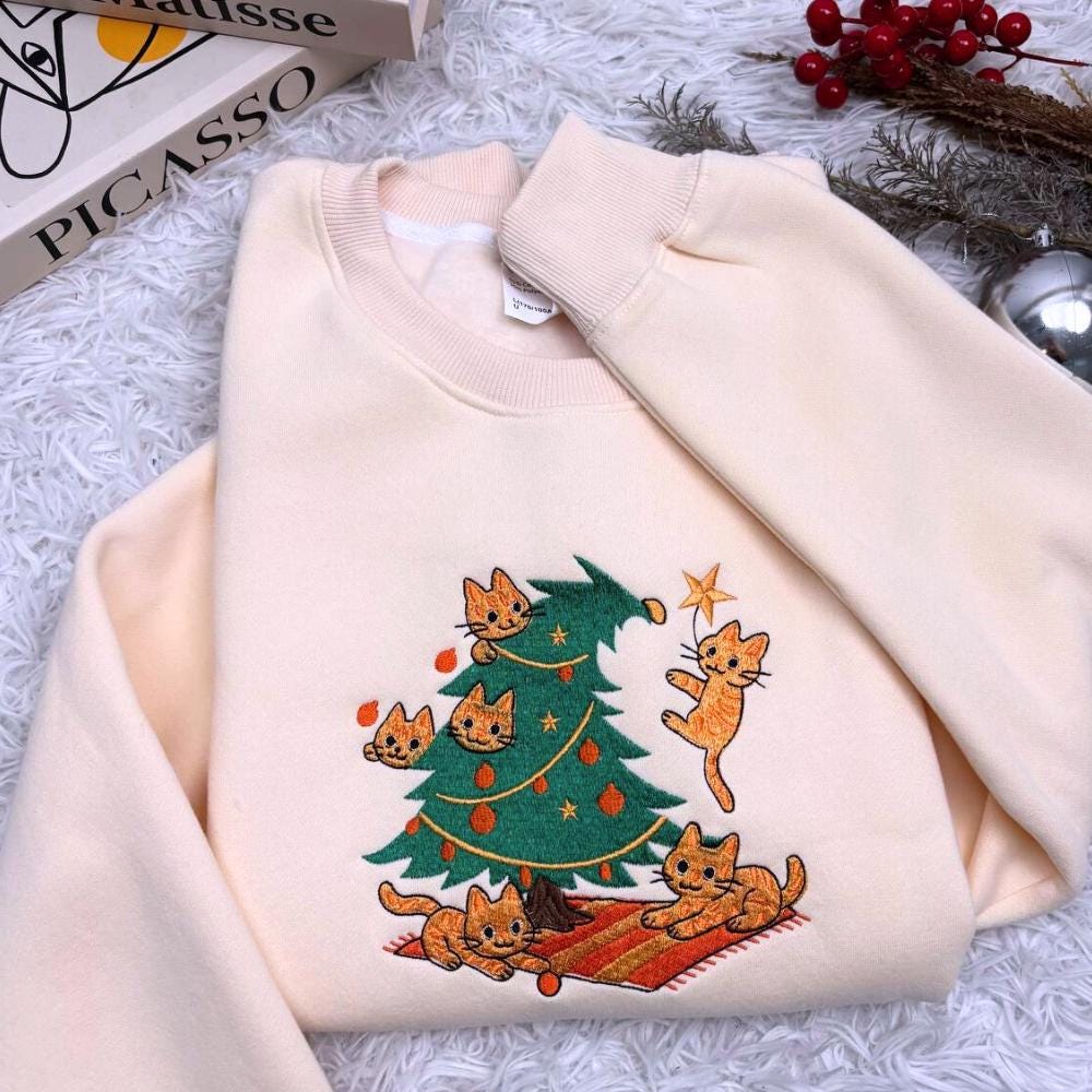 Orange Cat Embroidered Christmas Sweatshirt, Funny Embroidery Cat Shirt, Cute Orange Cat Lover Hoodie, Meowy Christmas Sweater Gift