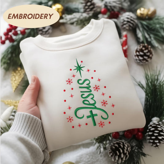 Jesus Cross Christmas Tree Embroidered Shirt, Merry Christmas Tree Shirt Christian Christmas Cross Jesus Faith Nativity Shirt