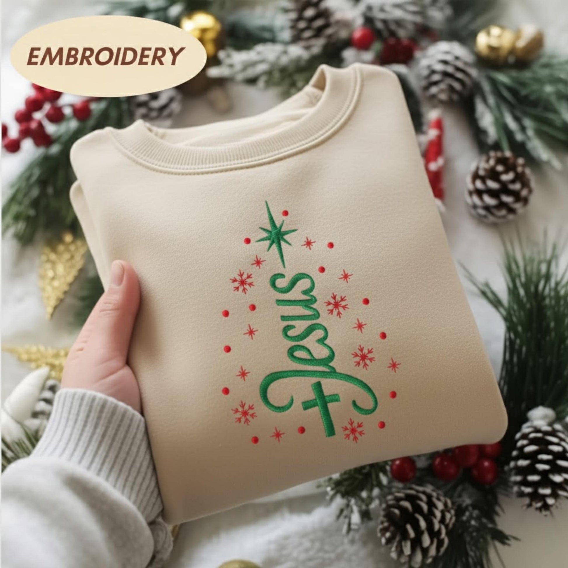 Jesus Cross Christmas Tree Embroidered Shirt, Merry Christmas Tree Shirt Christian Christmas Cross Jesus Faith Nativity Shirt