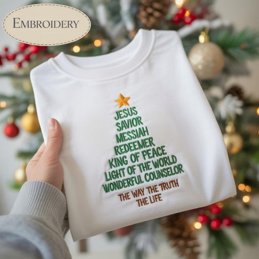 Jesus Savior Messiah Redeemer Christmas Embroidered Tree Shirt, Christian Faith Holiday Tee, Religious Nativity Crewneck Gift for Her