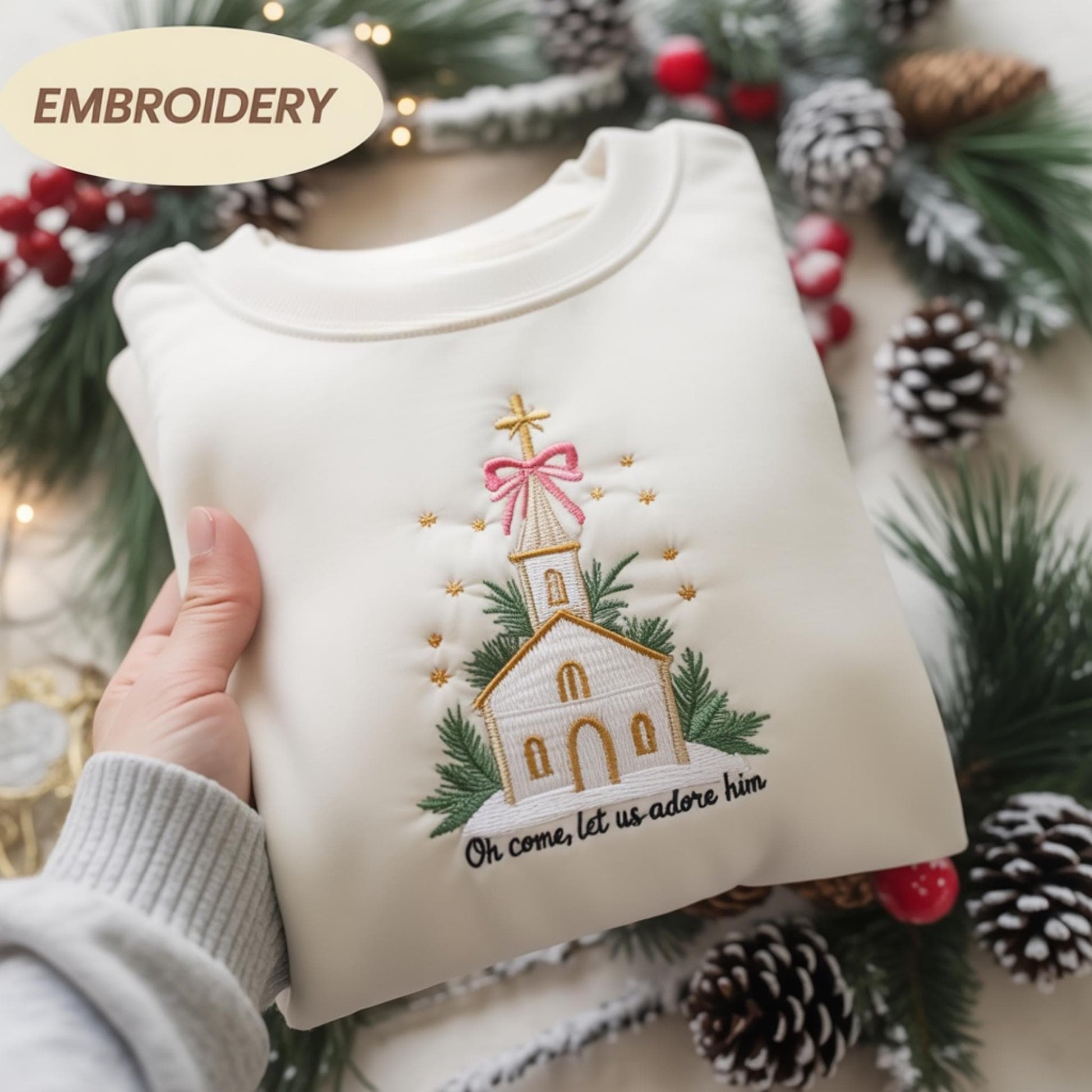 Oh Come Let Us Adore Him Embroidered Christmas Shirt, Christian Faith Holiday Crewneck, Religious Nativity Sweatshirt, Jesus Gift for Her