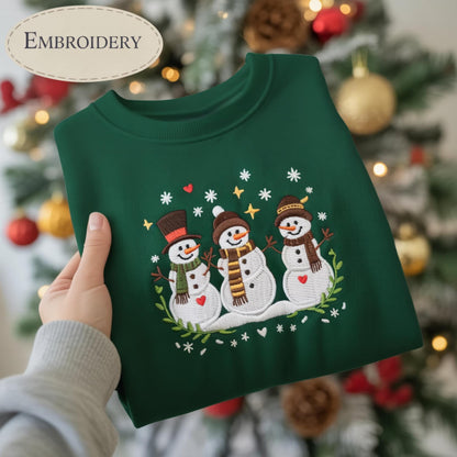 Three Snowmen Embroidered Christmas Sweatshirt, Cute Winter Holiday Crewneck, Funny Snowman Shirt, Cozy Festive Xmas Sweater Gift for Her