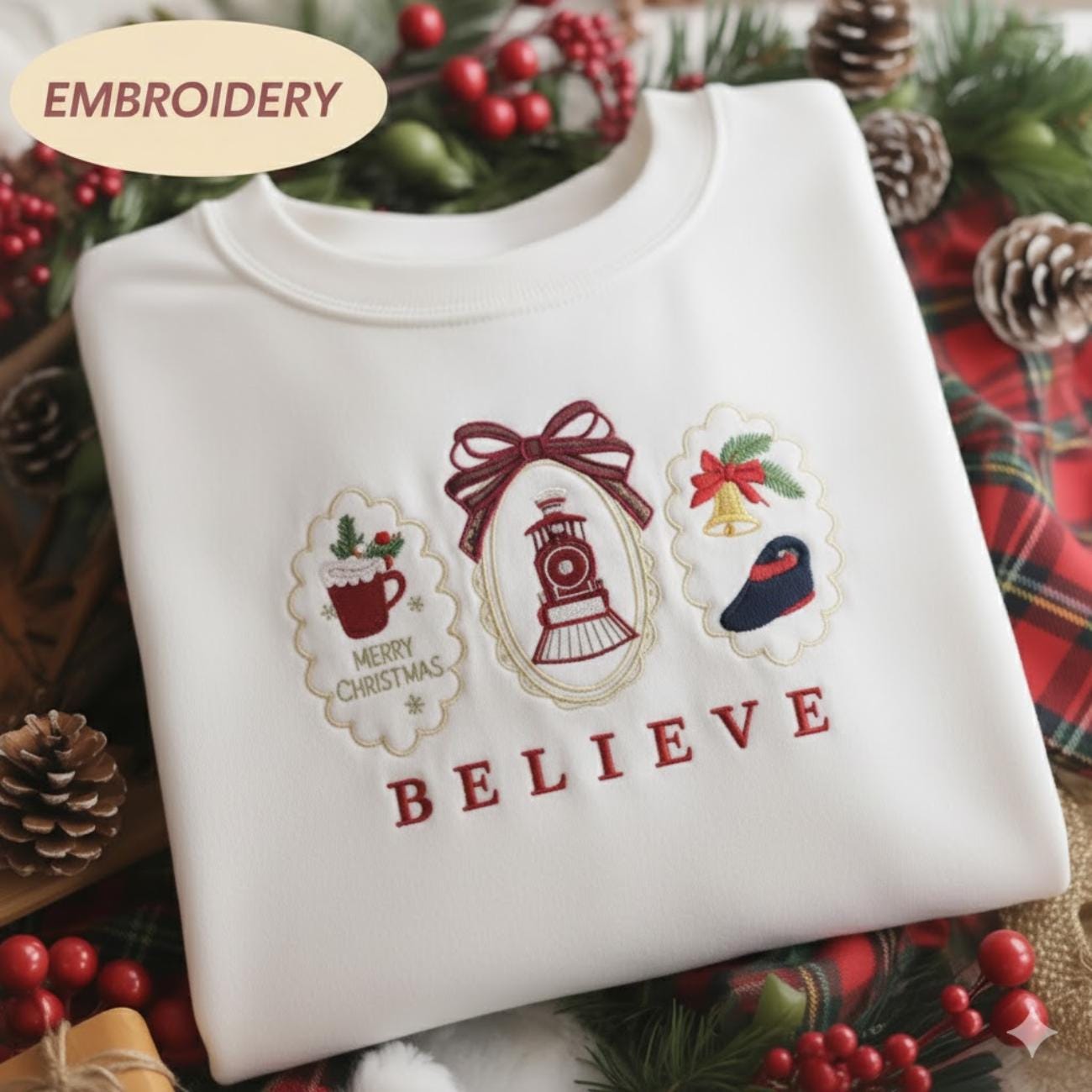 Believe Christmas Embroidered Sweatshirt, Merry Christmas Family Vacation, Cute Holiday Crewneck, Cozy Winter Gift Sweater, Christmas Shirt