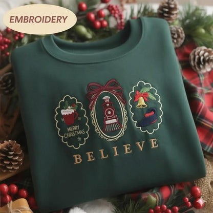 Believe Christmas Embroidered Sweatshirt, Merry Christmas Family Vacation, Cute Holiday Crewneck, Cozy Winter Gift Sweater, Christmas Shirt