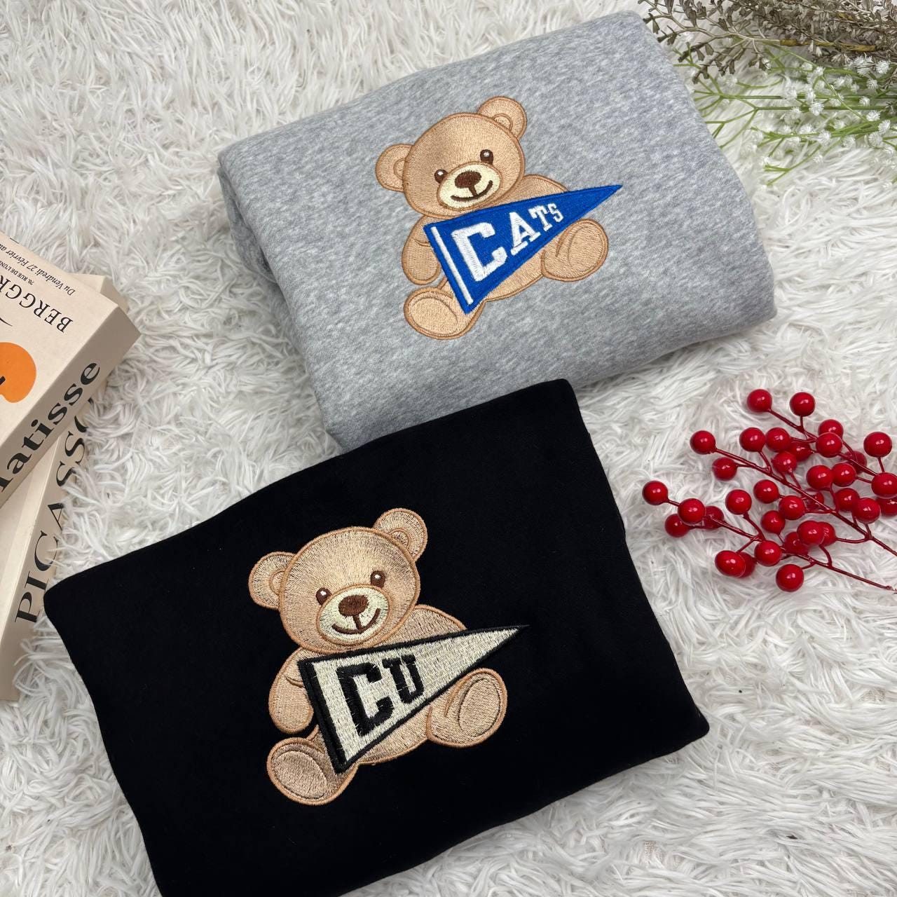 Custom College Sweatshirt, Embroidered Teddy Bear Sweatshirt, Custom University Name Pennant Shirt, Custom College Tee, Gift for collegue