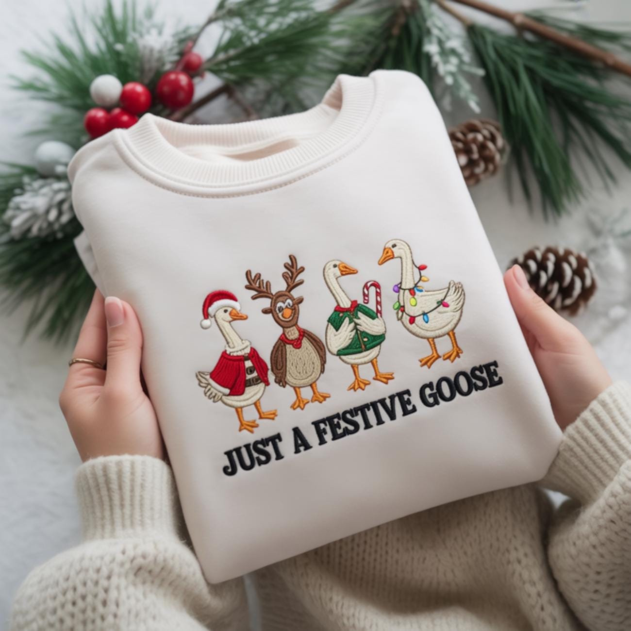 Christmas Goose Embroidered Sweatshirt, Just A Festive Goose, Reindeer, Tree, Gingerbread Outfits, Funny Holiday Shirt, Gift For Christmas