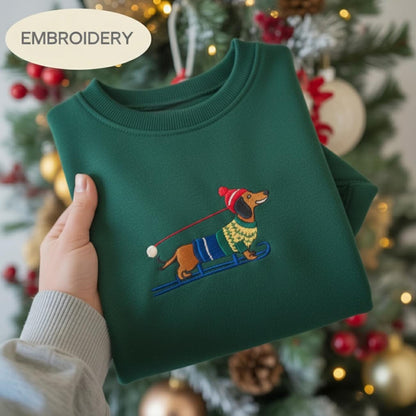 Skiing Dachshund Christmas Embroidered Sweatshirt, Wiener Dog Holiday Shirt, Dog Lover Gift ,Holiday Sweater, Funny Sausage Dog Shirt