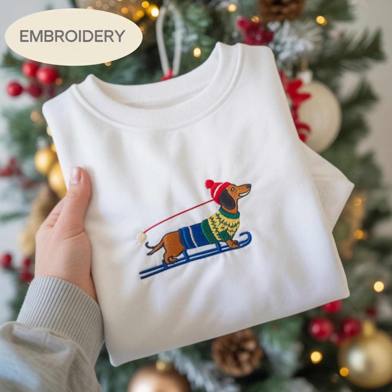 Skiing Dachshund Christmas Embroidered Sweatshirt, Wiener Dog Holiday Shirt, Dog Lover Gift ,Holiday Sweater, Funny Sausage Dog Shirt