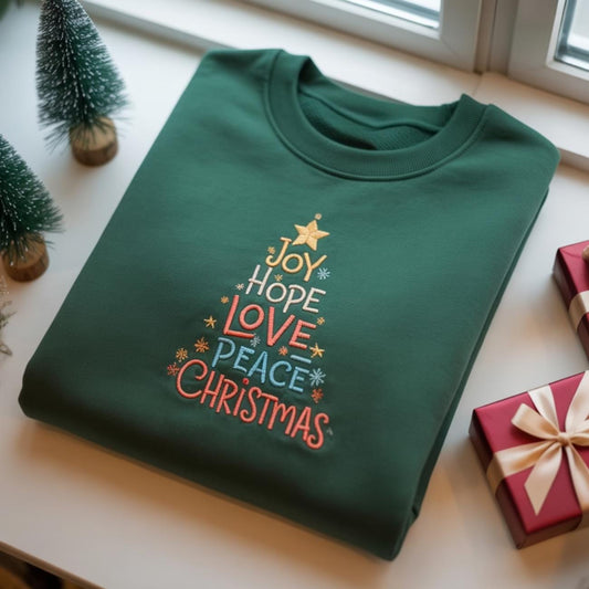 Joy Hope Love Peace Christmas Embroidered Sweatshirt, Christmas Tree Sweatshirt, Christmas Crewneck, Christmas Shirt for Women